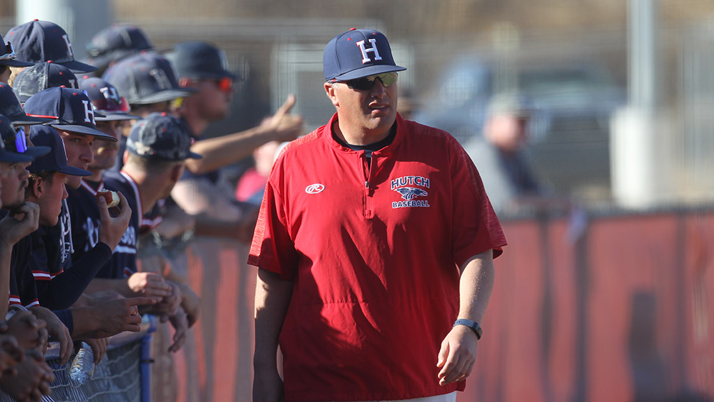 Blue Dragons head baseball coach Ryan Schmidt paces in front of the dugout on Tuesday as Hutchinson took on State Fair. The Blue Dragons fell to the Roadrunners 12-11. (Andrew Carpenter/Blue Dragon Sports Information)