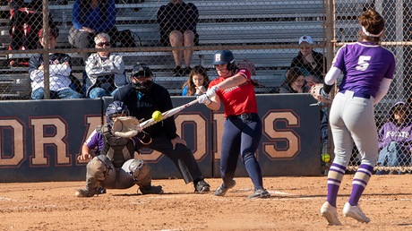 Aspen Goetz connects for a two-run walkoff home run to right field in Hutchinson's come-from-behind 5-4 victory over Butler on Saturday at Fun Valley (Andrew Carpenter/Blue Dragon Sports Information)