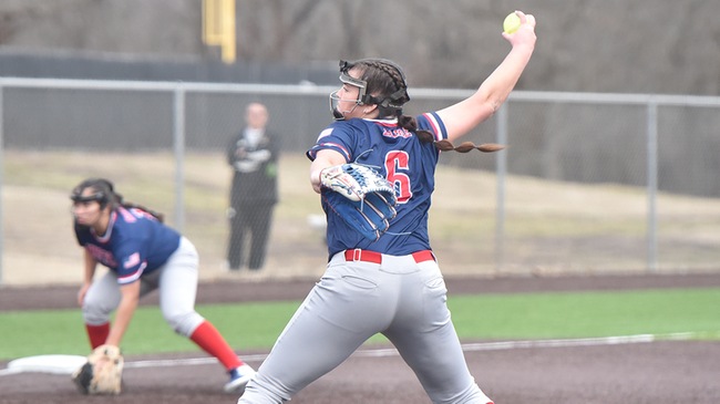 Pitcher Dakota Lake strikes out 13 Ottawa batters in five innings to help the No. 17 Blue Dragons complete a sweep of the Braves, 6-1 and 8-0, on Thursday in Ottawa. (Sammi Carpenter/Blue Dragon Sports Information)