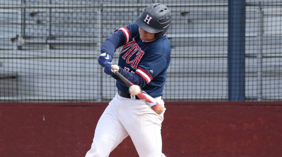 Wyatt Divis hits a three-run double that broke a tie game as No. 1 Hutchinson defeated Coffeyville 12-1 in the 2018 season opener on Thursday in Coffeyville. (Joel Powers/Blue Dragon Sports Information)