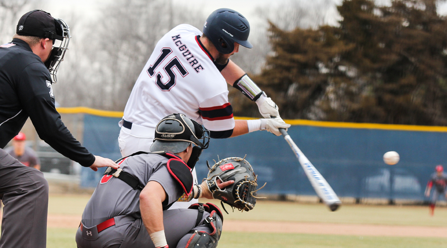Max McGuire hits his first Blue Dragon home run, a three-run shot in the second inning, in No. 20 Hutchinson's 18-14 win over Northeast Texas in Friday in Mount Pleasant, Texas (Bre Rogers/Blue Dragon Sports Information)