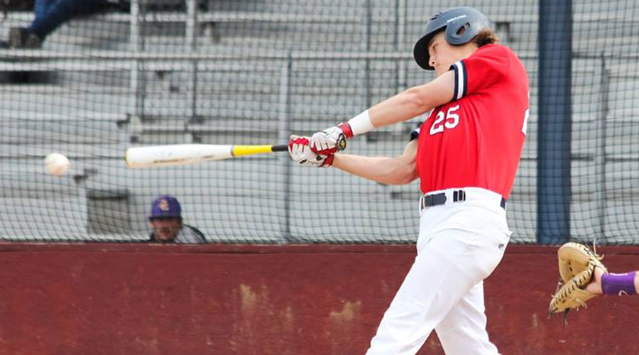 Will Reetz had a two-run triple as teh Blue Dragon baseball team split with Garden City on Sunday, losing 4-2 and winning 9-8. (Bre Rogers/Blue Dragon Sports Information)