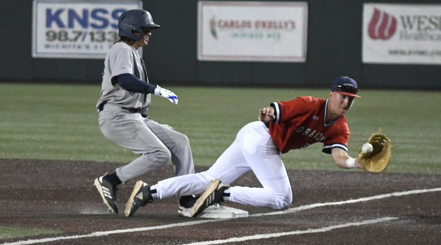 First baseball Zach Baxley makes a diving catch to keep a pickoff throw close in Hutchinson's 12-8 loss to Colby in the winners' bracket semifinal of the 2019 Central District Baseball Tournament on Thursday at Eck Stadium in Wichita. (Casey Bailey, Hutchinson CC Sports Information)