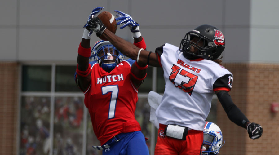 Kendel Robinson (7) intercepted this pass and returned for one of a school-record three pick-sixes in Hutchinson's 91-0 victory over Rezolution Prep on Saturday at Gowans Stadium. (Joel Powers/Blue Dragon Sports Information)