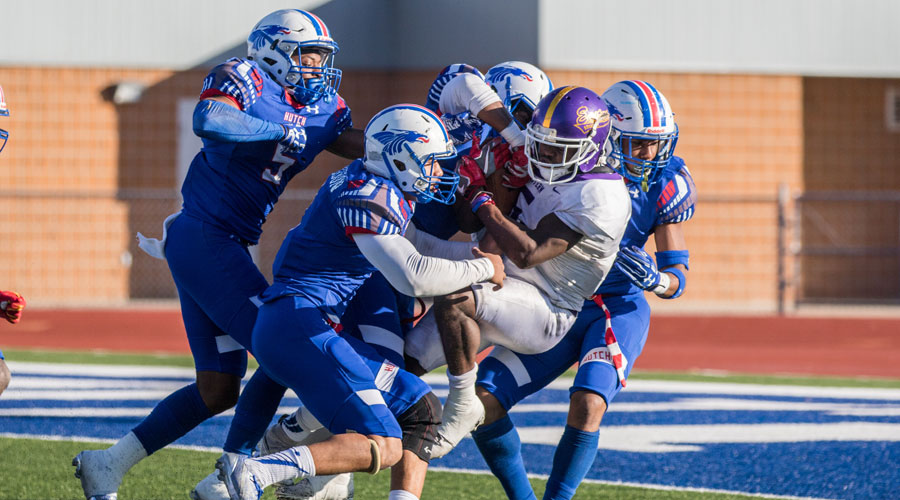 The Blue Dragon defeats wraps up an Eastern Arizona running back on Saturday at the 2017 Salt City Bowl at Gowans Stadium. Hutchinson fell to the Gila Monsters 48-34. (Allie Schweizer/Blue Dragon Sports Information)