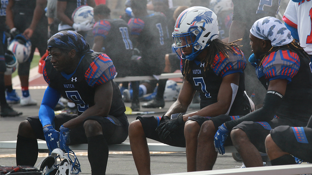 A stunned group of Blue Dragons react after Independence rallies in the final seconds to defeat Hutchinson 33-28 on Saturday at Gowans Stadium. (Cassidy Smith/Blue Dragon Sports Information)