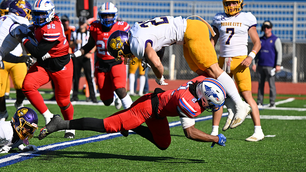 Jermaine Hamilton-Jordan upends a Dodge City ball carrier as the No. 1 Blue Dragons defeated No. 11 Dodge City 46-10 on Saturday at Gowans Stadium (Andrew Carpenter/Blue Dragon Sports Information)