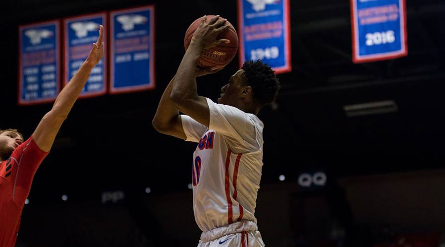 Devonte Bandoo was 5 of 5 from 3-point range for a career-high 25 points to lead the No. 8 Blue Dragons to a 76-74 come-from-behind victory at Independence. (Allie Schweizer/Blue Dragon Sports Information)