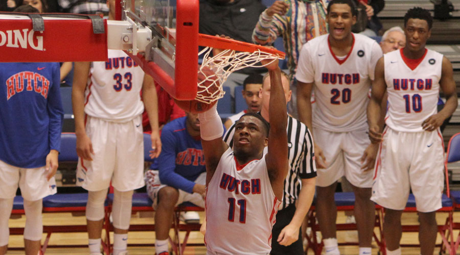 J.J. Rhymes dunks for two of his game-high 38 points in No. 13 Hutchinson's 95-63 victory over Cloud County on Saturday at the Sports Arena. (Joel Powers/Blue Dragon Sports Information)