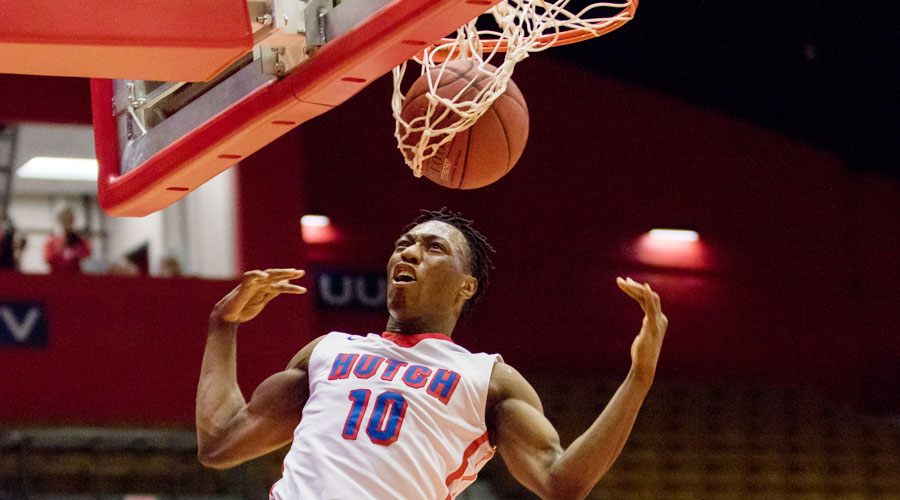 Devonte Bandoo dunks for two of his team-high 20 points in No. 14 Hutchinson's 93-84 victory over Cowley on Saturday at the Sports Arena. (Allie Schweizer/Blue Dragon Sports Information)