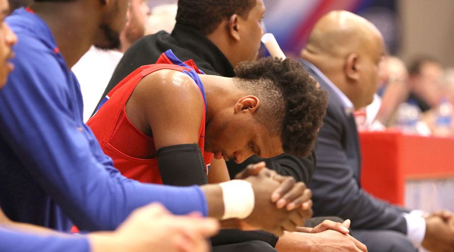 Sophomore Rob Whitfield sits on the Dragon bench in the stages of an 80-65 loss to Florida Southwestern State on Wednesday in the second round of the NJCAA Tournament at the Sports Arena. (Joel Powers/Blue Dragon Sports Information)