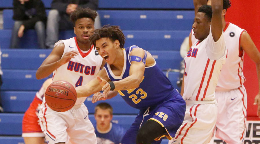 Blue Dragons Robert Whitfield (4) and Devonte Bandoo put on defensive pressure as No. 1 Hutchinson routed NEO 87-42 on Saturday at the Sports Arena. (Joel Powers/Blue Dragon Sports Information)