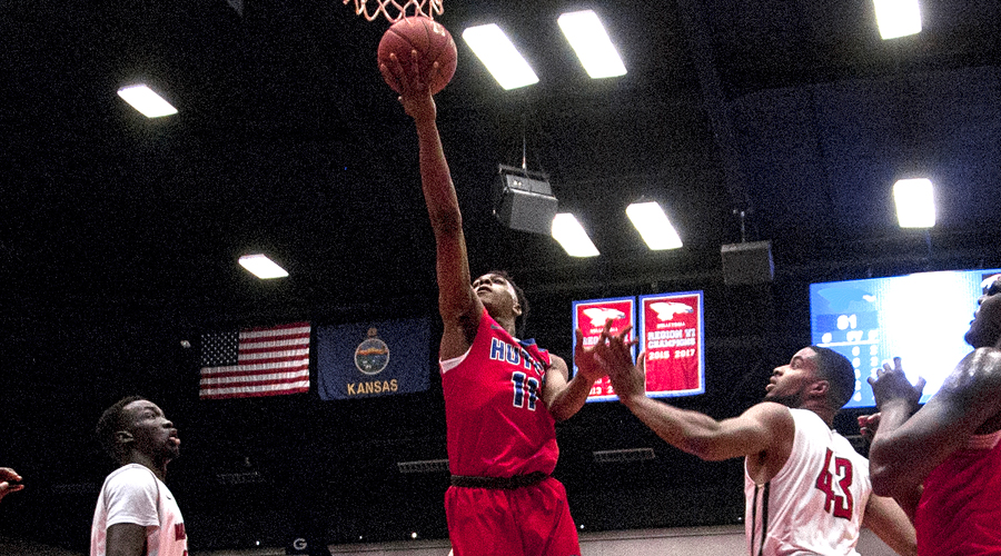 Maluqie Jacobs goes to the hoop for two of his game-high 16 points as No. 9 Hutchinson defeats Northeast CC 99-62 on Friday night at the Sports Arena. (Casey Bailey/Blue Dragon Sports Information)