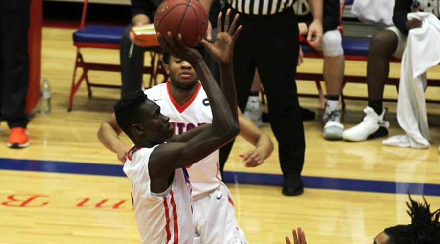 Fred Odhiambo had career highs of 18 points, 18 rebounds and seven blocked shots in Hutchinson's 98-90 overtime victory on Wednesday at Dodge City. (Bre Rogers/Blue Dragon Sports Information)