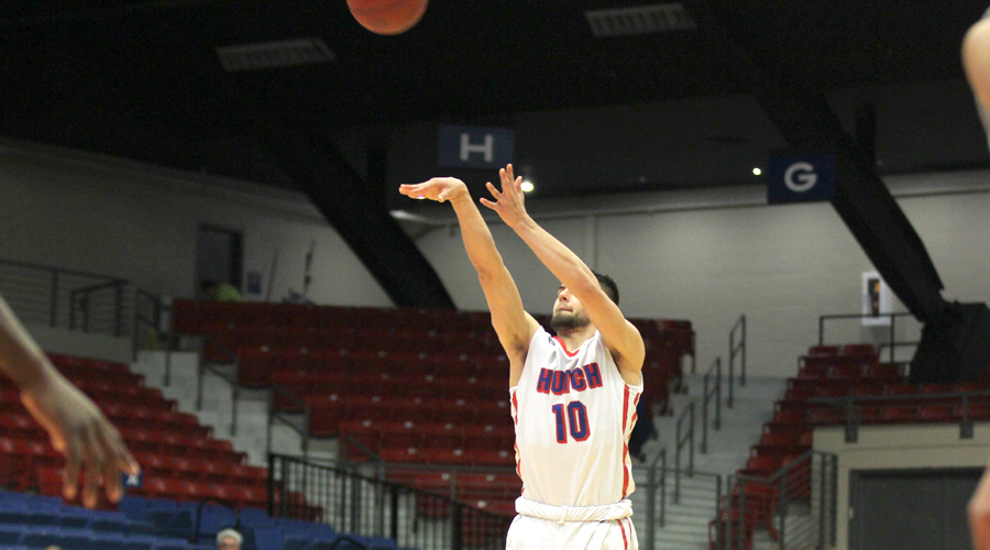Tyler Brown nails 5 of 6 from 3-point range for a career-high 17 points in Hutchinson's 81-68 win over Northwest Tech on Wednesday night at the Sports Arena. (Bre Rogers/Blue Dragon Sports Information)
