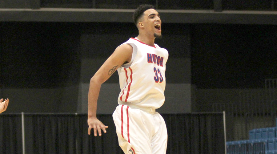 James Rojas reacts to a play in a huge second half on Sunday as the Blue Dragon men defeated Pratt 91-74 in the quarterfinals of the Region VI Tournament over Pratt at Hartman Arena in Park City. (Bre Rogers/Blue Dragon Sports Information)
