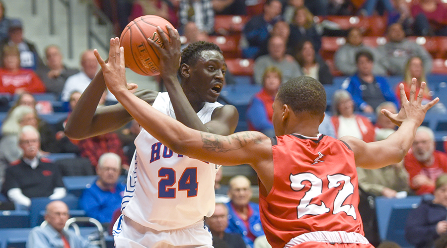Majok Kuath had his first Blue Dragon double-double with career highs of 26 points and 15 rebounds, but the Allen Red Devils upset the No. 5 Blue Dragons 87-80 on Saturday night at the Sports Arena. (Nathan Addis/Blue Dragon Sports Information)