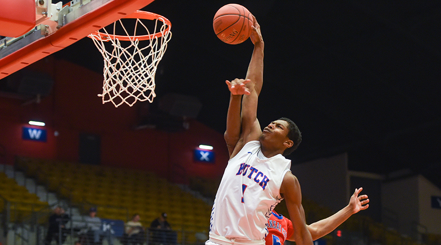 Saquan Singleton had a huge all-around game with 18 points, seven rebounds, seven assists and three blocks as No. 12 Hutchinson routs Kansas City 98-67 on Wednesday at the Sports Arena. (Nathan Addis/Blue Dragon Sports Information)