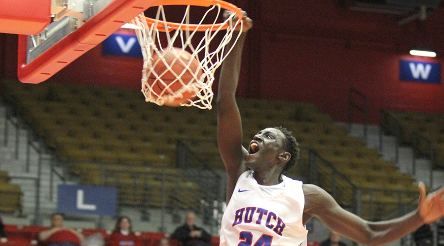 Majok Kuath dunks for two of his game-high 28 points in No. 25 Hutchinson's 88-79 Jayhawk West win over Northwest Tech on Monday night at the Sports Arena. (Bre Rogers/Blue Dragon Sports Information)