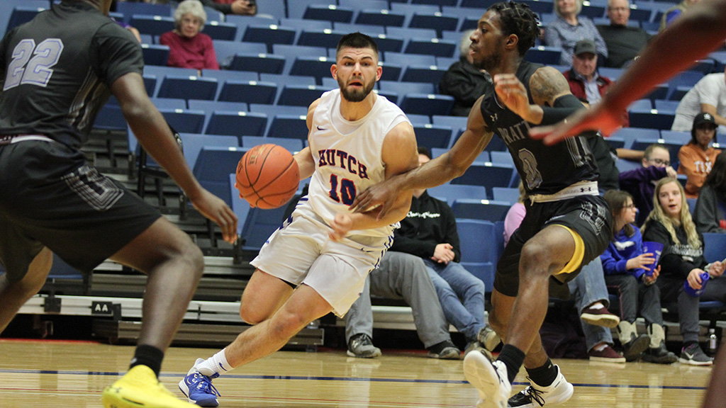 Tyler Brown drills five 3-pointers and scores a career-high 23 points in Hutchinson's 75-51 Jayhawk West win over Pratt on Monday at the Sports Arena. (Bre Rogers/Blue Dragon Sports Information)