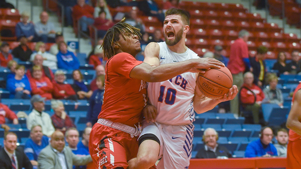 Tyler Brown scored a team-high 21 points as the Blue Dragons defeated Allen 92-64 in the opening round of the 2020 Region VI Tournament on Wednesday at the Sports Arena. (Nathan Addis/Blue Dragon Sports Information)