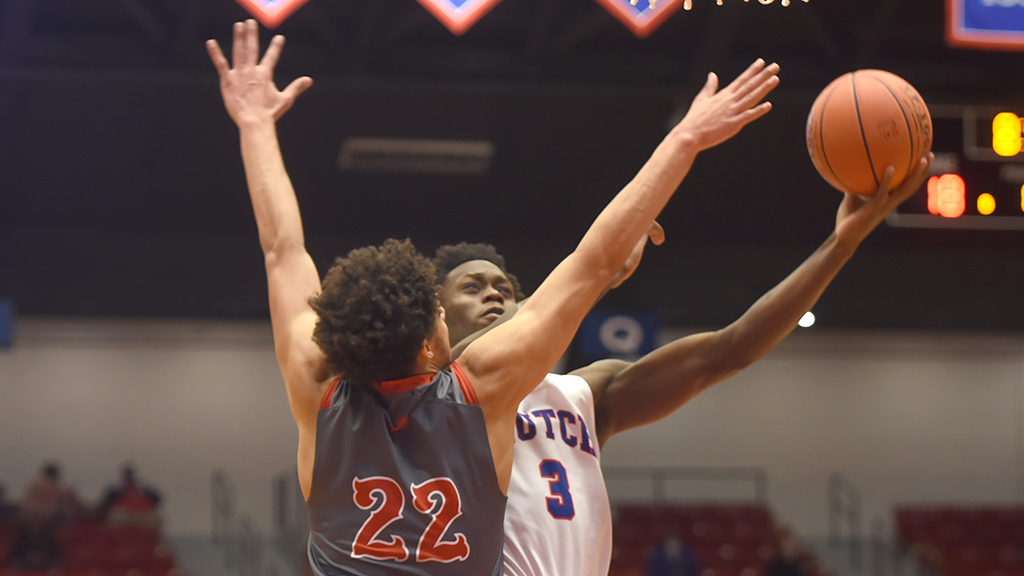 Stephan Gabriel scored a career-high 20 points to lead the Blue Dragon men's basketball team to an 80-62 victory over the Allen Red Devils on Saturday night at the Sports Arena. (Garrett Reihs/Blue Dragon Sports Information)