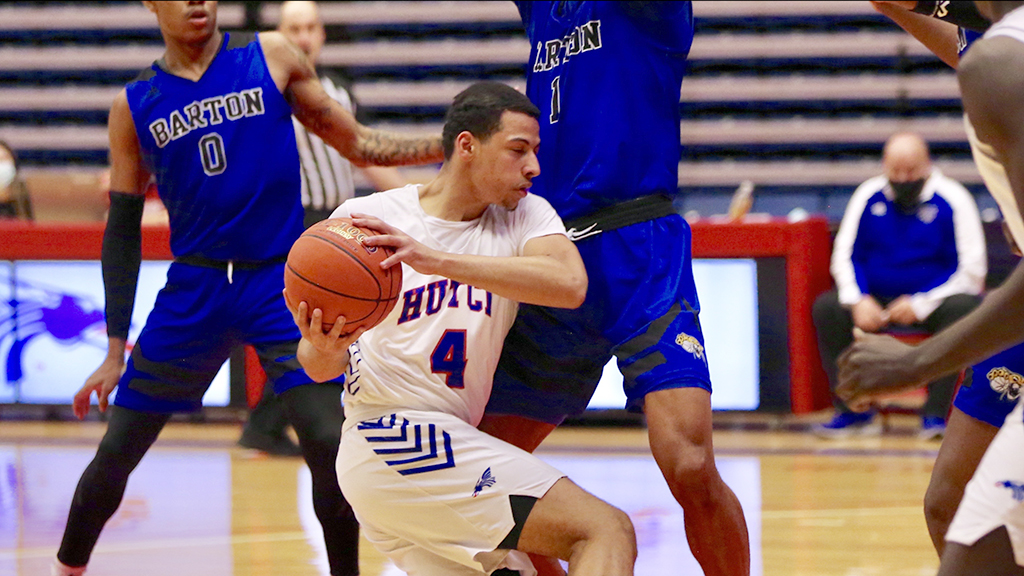 Jaden Okon powers the Blue Dragon men to a 73-67 victory over Barton on Wednesday at the Sports Arena. (Photo by Bob Hunter)