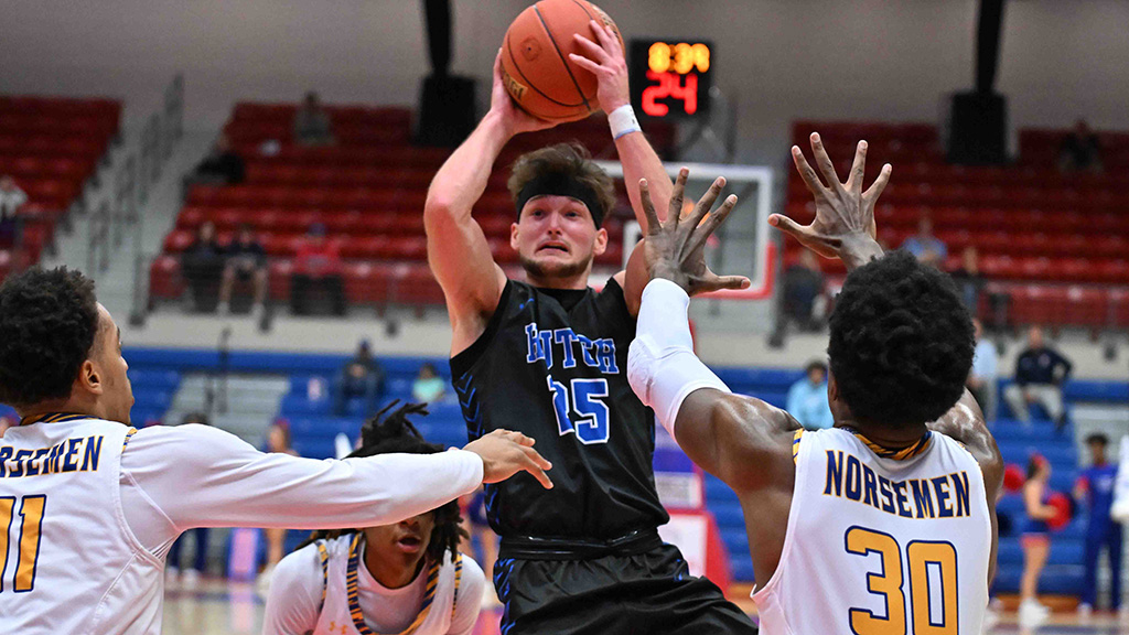 Kernan Bundy had 10 points off the bench of the Blue Dragon men's basketball team's 74-61 Barton Classic victory over NOC-Enid on Friday in Great Bend. (Andrew Caprenter/Blue Dragon Sports Information)