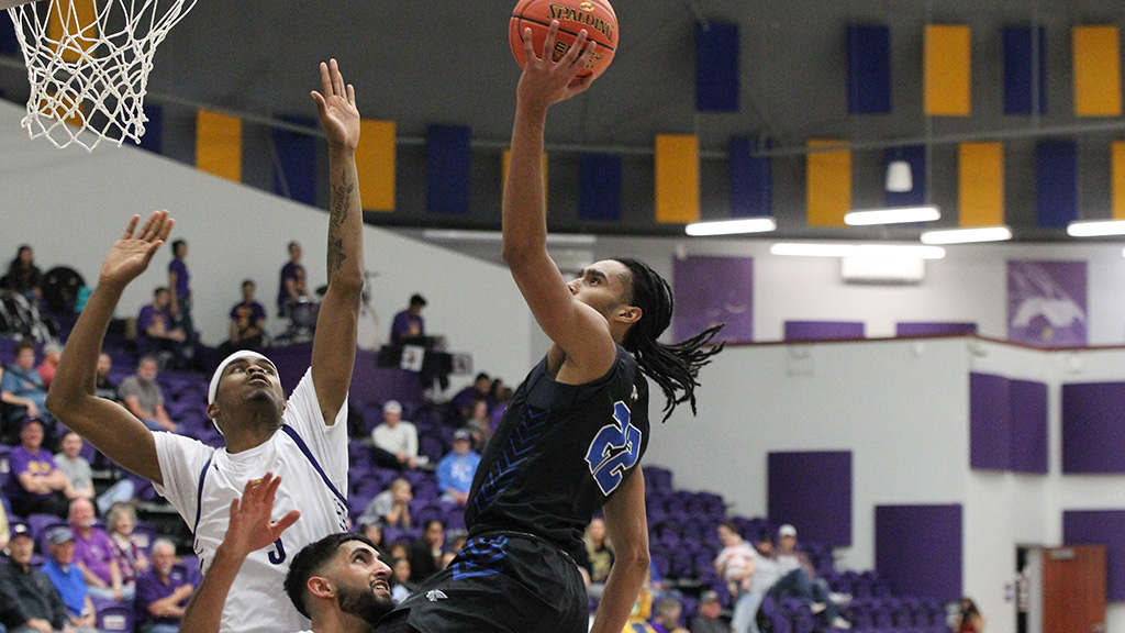 Kamryn Thomas has career highs of 25 points and five 3-point goals to lead the Blue Dragon men to an 89-73 victory over Dodge City. (Billy Watson/Blue Dragon Sports Information)