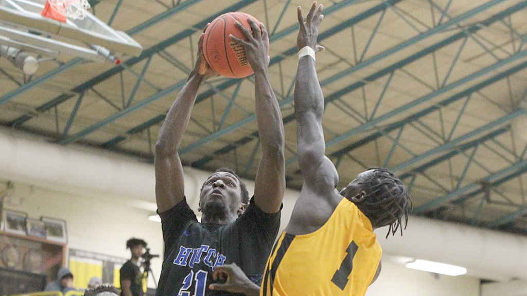 Valentino Simon posts a second-straight double-double with 21 points and 13 rebounds in the No. 19 Blue Dragons' 82-73 victory over Cloud County on Wednesday in Concordia. (Billy Watson/Blue Dragon Sports Information)