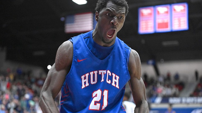 Tino Simon reacts after his two-handed dunk closed out a 78-71 Blue Dragon victory over Chipola in the second round of the NJCAA Tournament on Tuesday at the Sports Arena. (Andrew Carpenter/Digital Fox Photography)