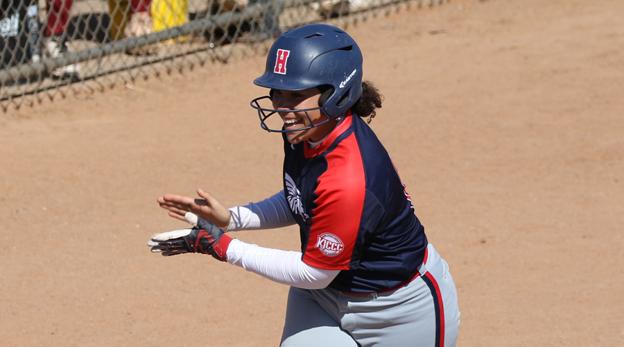 Kiara DeCrane celebrates her second home run of Game 1 in Blue Dragon Softball's sweep of Hesston College on Tuesday at Fun Valley. (Joel Powers/Blue Dragon Sports Information)