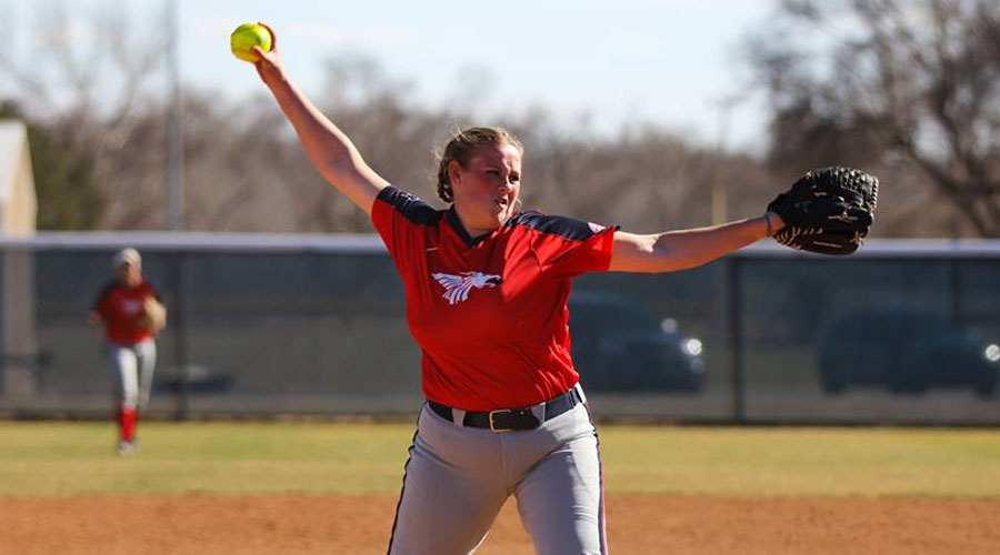Sophomore Megan Davis tosses a seven-hit shutout in a 5-0 win over Allen on Monday to snap a five-game losing streak for the Blue Dragons. (Bre Rogers/Blue Dragon Sports Information)