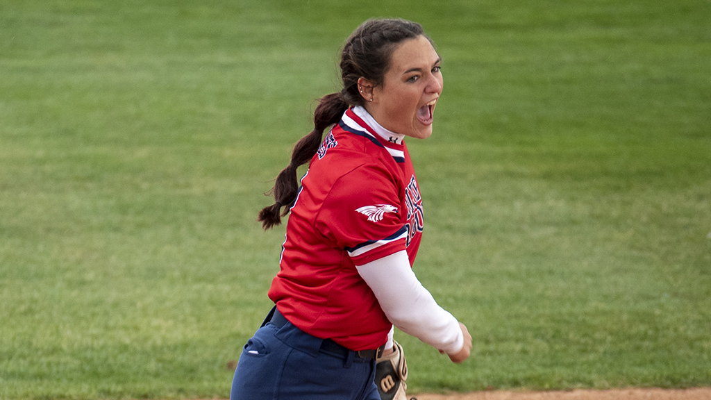 Shortstop Madison Grimes reacts during the No. 19 Blue Dragon softball team's KJCCC doubleheader sweep of Seward County on Friday at Fun Valley (Andrew Carpenter/Blue Dragon Sports Information)