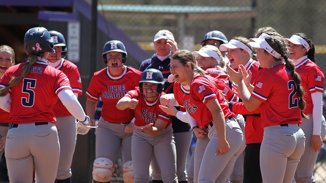 The Hutchinson Community College softball team celebrates an Aspen Goetz home run as the Blue Dragons come in at No. in the latest NJCAA Division I softball rankings. (Billy Watson/Blue Dragon Sports Information)