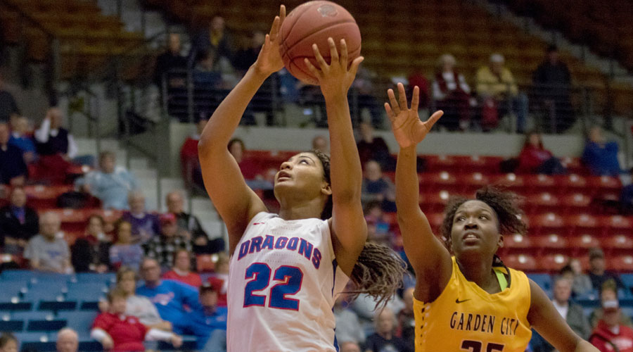 Dejanae Roebuck had her 10th double-double of the season with 11 points and 10 rebounds, but No. 14 Hutchinson dropped a 56-48 decision to Garden City on Wednesday at the Sports Arena. (Allie Schweizer/Blue Dragon Sports Information)