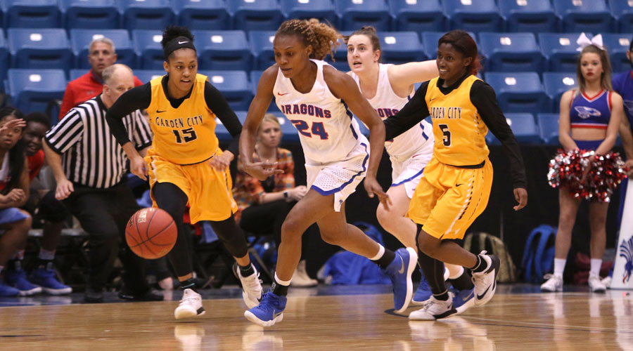 Vivian Chigbu chases down a loose ball and scored at the halftime buzzer. The play was huge in Hutchinson's 55-37 victory over Garden City in the Region VI Tournament Quarterfinals on Monday at Hartman Arena in Park City. (Joel Powers/Blue Dragon Sports Information)