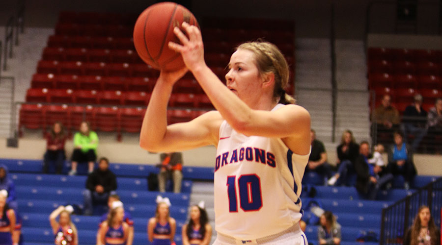 Sara Cramer hits a career-high six 3-pointers and the Blue Dragons hit a season high 12 as Hutchinson defeats Barton 72-53 on Saturday at the Sports Arena. (Joel Powers/Blue Dragon Sports Information)