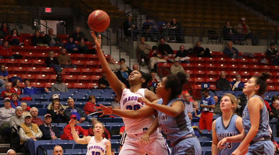 Kayla Barber posted her first career double-double with 14 points and 11 rebounds to lead the Blue Dragons to a 67-57 victory over Santa Fe College on Friday in Fort Myers, Florida. (Joel Powers/Blue Dragon Sports Information)
