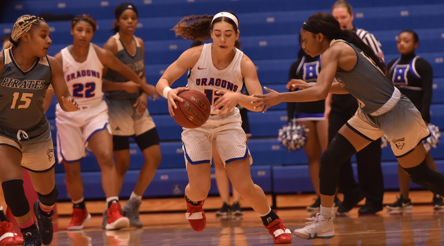 Tia Bradshaw had 12 points and several key defensive plays as No. 8 Hutchinson defeats Neosho County 87-78 on Wednesday in Chanute. (Andrew Carpenter/Blue Dragon Sports Information)