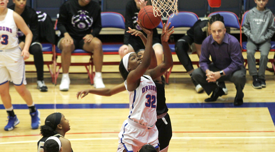 Jada Mickens racks up 16 points and eight rebounds to lead the No. 8 Blue Dragon women to a 78-61 win over No. 6 Butler on Saturday at the Sports Arena. (Bre Rogers/Blue Dragon Sports Information)
