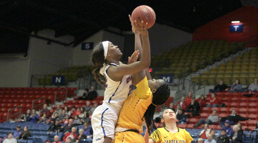 Jada Mickens collects 15 points and eight rebounds in No. 4 Hutchinson's 87-56 victory over Garden City on Wednesday at the Sports Arena. (Bre Rogers/Blue Dragon Sports Information)