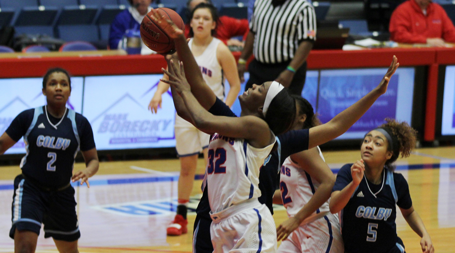 Jada Mickens scores a season-high 20 points to lead the No. 4 Blue Dragon women's basketball team to a 98-56 victory over Colby on Saturday at the Sports Arena. (Bre Rogers/Blue Dragon Sports Information)