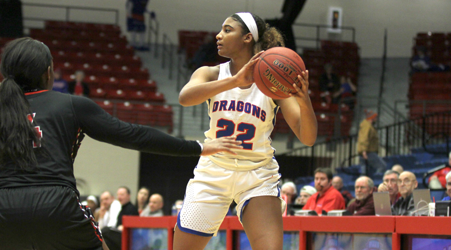 Dejanae Roebuck posted her 20th career double-double with 23 points and 14 rebounds as the No. 10 Blue Dragons defeated Northwest Tech 100-69 on Wednesday at the Sports Arena. (Bre Rogers/Blue Dragon Sports Information)