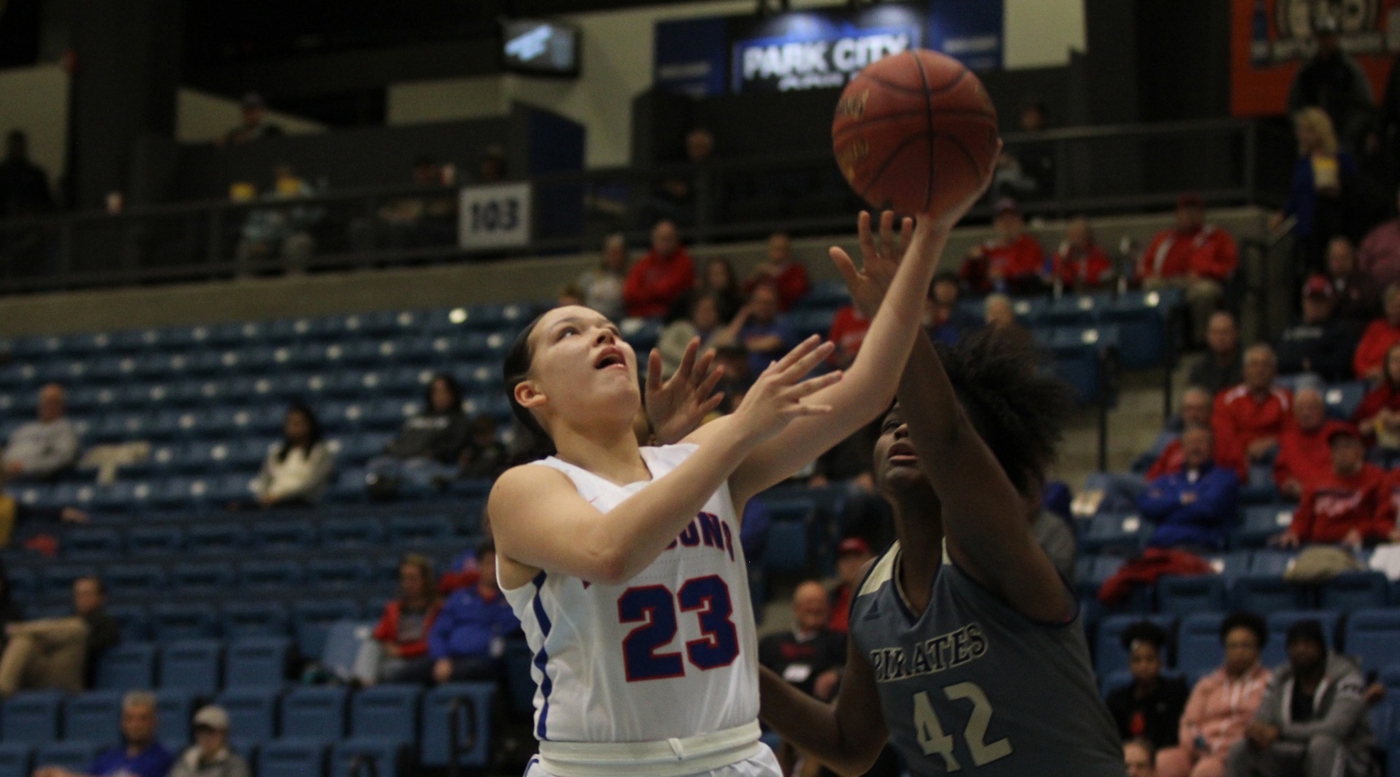 Makayla Vannett scored 17 points and hit three big 3-pointers to help the No. 8 Blue Dragons to a 74-62 win over Independence in the quarterfinals of the Region VI Tournament at Hartman Arena in Park City on Saturday. (Bre Rogers/Blue Dragon Sports Information).