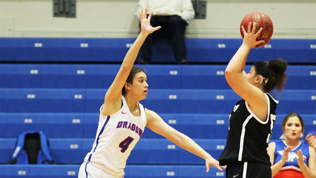 Brooklyn Betham had 11 points and nine rebounds in the No. 7 Blue Dragon women's basketball team's 66-58 loss to No. 8 New Mexico on Thursday in Council Bluffs, Iowa. (Bre Rogers/Blue Dragon Sports Information)