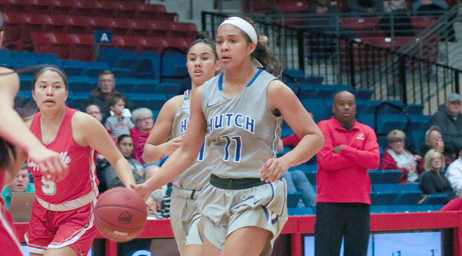 Sophomore Lauryn Mapusua had 11 points, eight rebounds and two assists, seven points coming in the second half, in No. 9 Hutchinson's 71-53 victory over Coffeville on Wednesday night at the Sports Arena. (Nathan Addis/Blue Dragon Sports Information)