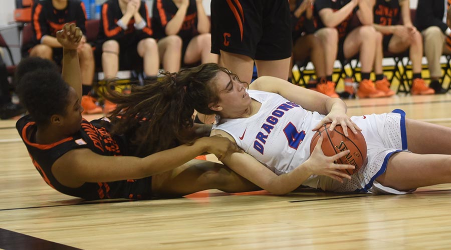 Brooklyn Betham battled for one of her career-high 16 rebounds in Hutchinson's 69-48 Region VI Tournament quarterfinal victory over the Cowley Tigers on Saturday at United Wireless Arena in Dodge City. (Nathan Addis/Blue Dragon Sports Information)