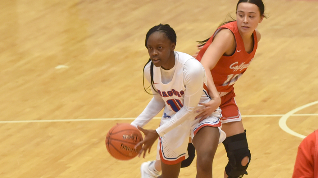 Freshman K.K. Adams hit four big 3-pointers and finished with a team-high 16 points to help the No. 12 Blue Dragons rally from 21 points down to defeat Coffeyville 70-63 on Wednesday at the Sports Arena. (Sophia Carter/Blue Dragon Sports Information)