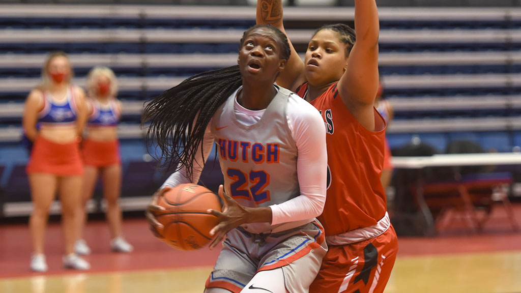 Nafatoumata Haidara had her first career double-double with 14 points and 10 rebounds in No. 21 Hutchinson's 68-50 win over Dodge City on Monday night at the Sports Arena. (Garrett Reihs/Blue Dragon Sports Information)
